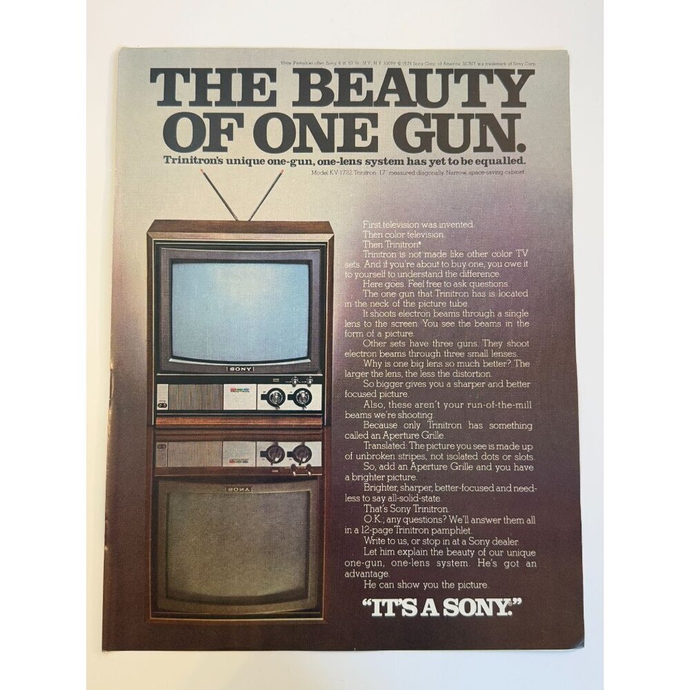 Vintage 1974 Sony Trinitron Color Television TV Advertisement Print